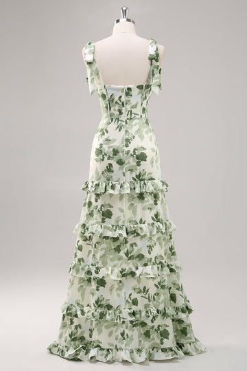 Green Flower A Line Square Neck Ruffled Long Bridesmaid Dress with Slit